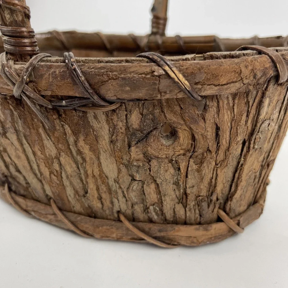 Rustic Natural Tree Bark Gathering Basket with Handle Oval Primitive Wood Decor
